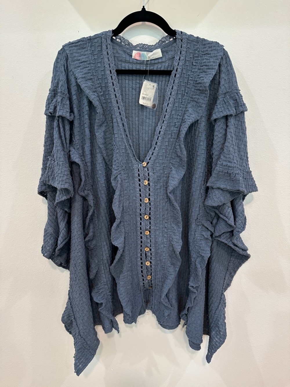 Free People Beach Blue Textured Ruffle Button-Front Top - Picture 3 of 11